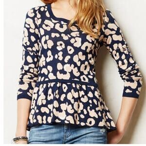 Anthropologie Moth Size Medium Blue Animal Print Peplum Sweater
